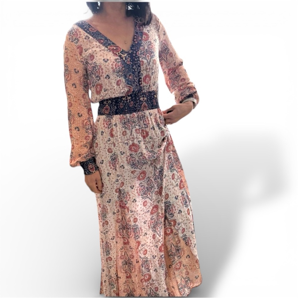 NWT LOVESTITCH brand maxi dress rayon smocked waist vnech S‎ M L mixed prints